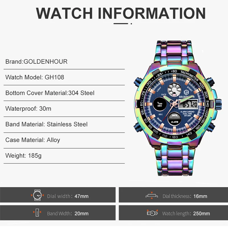 Luxury Brand GOLDENHOUR Fashion Military Sports Men Watches Stainless Steel Digital Analog Watch Automatic Date Waterproof Clock