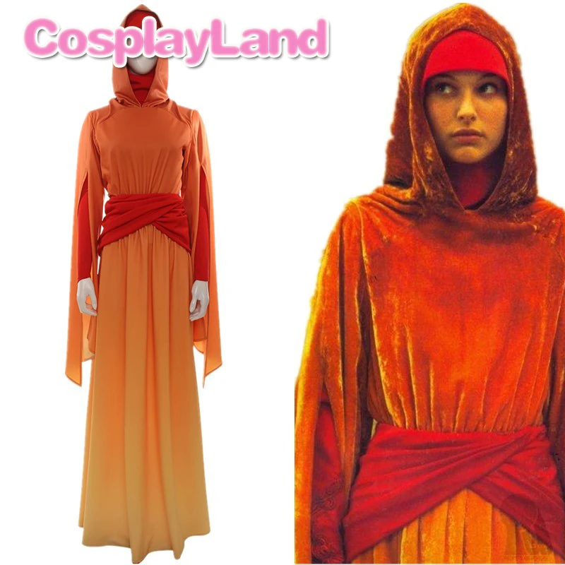 

Padme Amidala Queen Cosplay Costume Fancy Halloween Princess Handmaidens Dress Orange Robe Women Party Suit