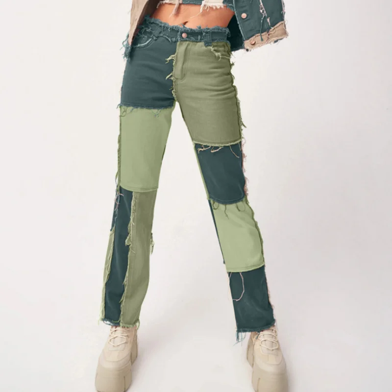 Women's Jeans Patchwork With Pocket Hight Waist Distressed Straight Denim Pants Fashion Vintage Cargo Trousers Casual ouc451