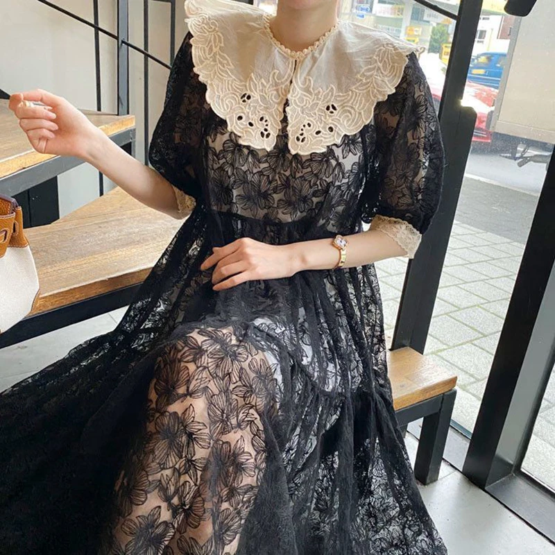 

YAMDI korean party midi dress women elegant short sleeve patchwork 2020 new a-line woman dresses summer vintage lace vestidos