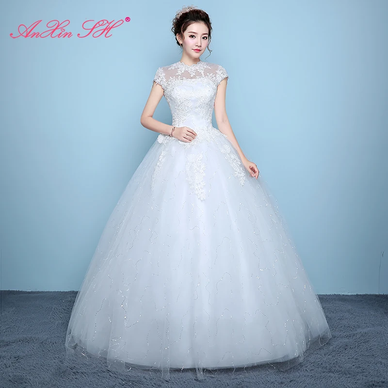 AnXin SH fiore pizzo bianco principessa vintage o collo illusione fiore di cristallo abito da ballo in pizzo rosso sposa abito da sposa personalizzato