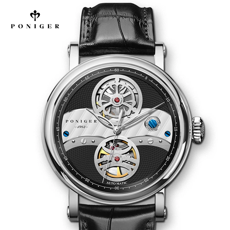 PONIGER Fashion Skeleton Automatic Mechanical Watch Genuine Leather Strap Men Wristwatch Sapphire Glass Waterproof Men Watch