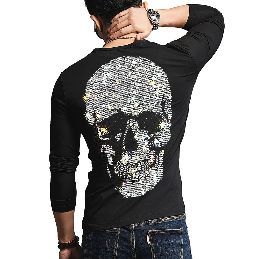 New Punk Style Men Skull T-shirt Long Sleeves Black Hot Drill Man\'s Tee Summer Brand Male Clothing Homme Diamond Stone T Shirts