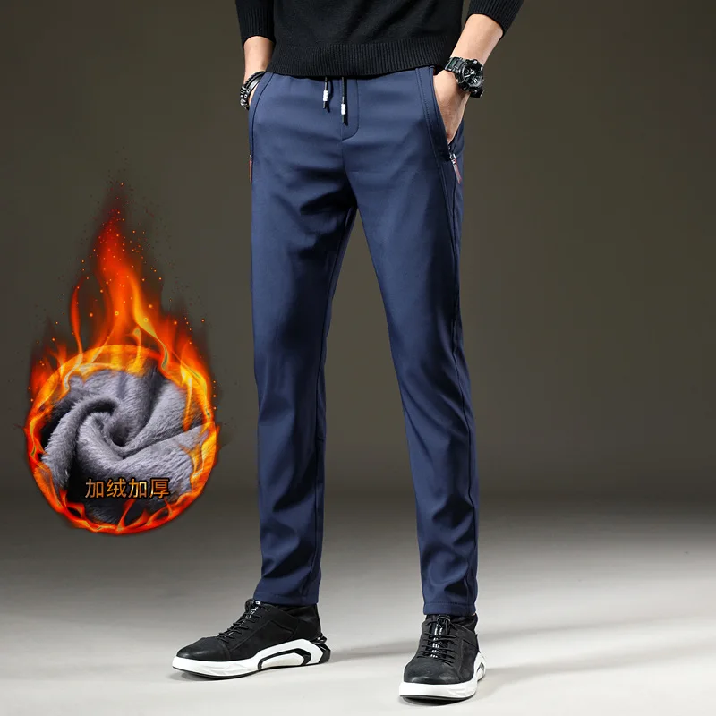 

2020 New Mens Winter Fleece Warm Pants Men Korean Casual Slacks Slim Warm Thick Pants for Men Fashion Black Gray Trousers Male