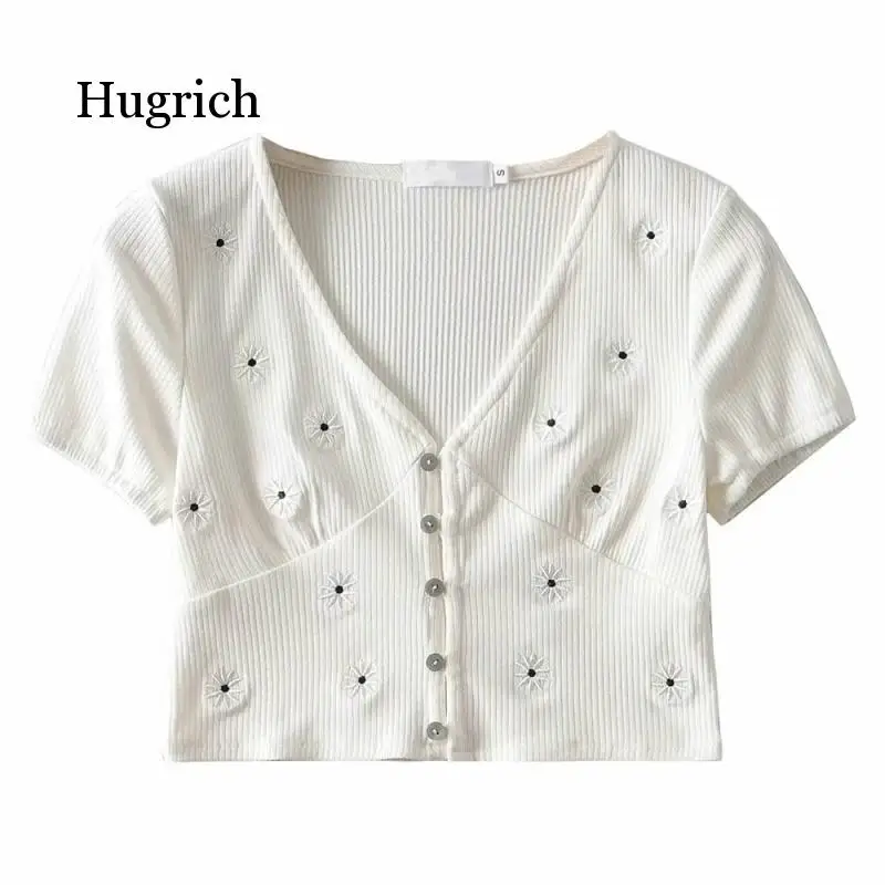 2021 Hot Sell Little Daisy Embroidery Short Sleeve T-Shirt Female Ins Style Women's Summer Sexy Purple Top
