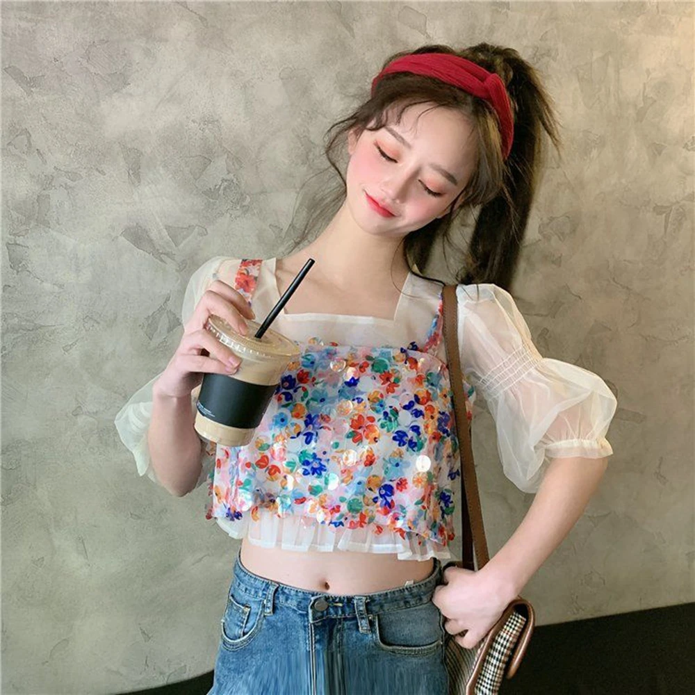 Phụ Nữ 2 Cái Bộ Voan Voan Puff Áo Crop Top Chấm Bi Bling Kim Sa Lấp Lánh Thời Trang Dạo Phố Bông Tai Kẹp Phong Cách Hàn Quốc Sang Trọng Yếm