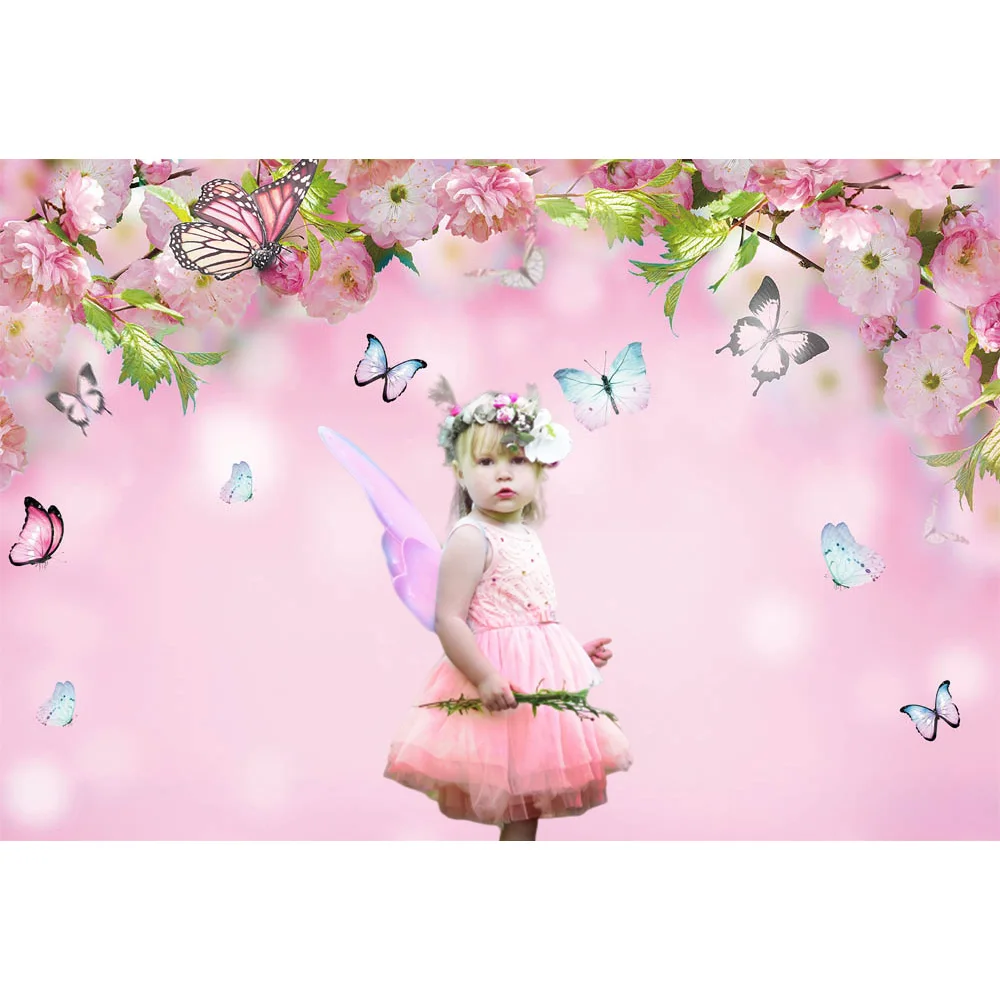 

Spring Pink Themed Backdrop Butterfly Peach Blossom Flowers Photo Background Photography Children Baby Birthday Party Backdrop