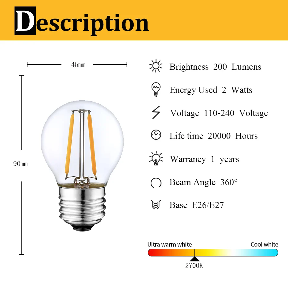 E27 LED Globe Light Bulb G45 2W Warm Cold White Clear Glass Edison Led Filament Bulb for String Light Garden Decoration Lighting