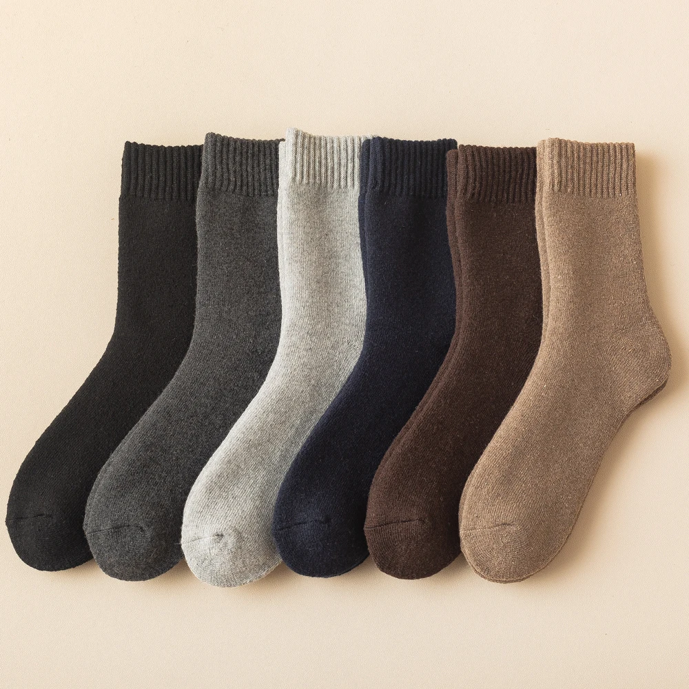 Mens Heavy Thick Wool Socks Soft Warm Middle Tube Cozy Thermal Winter Crew Socks Black Grey Blue Beige Brown Size EU 38-45