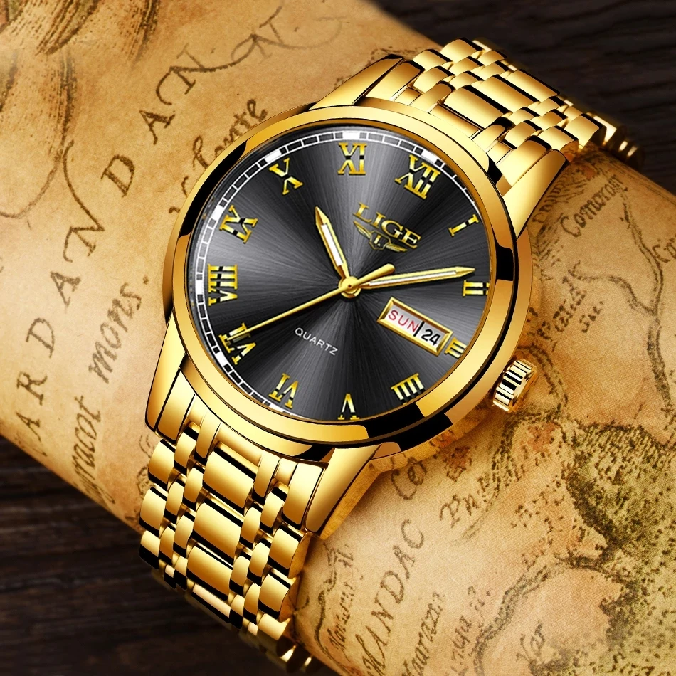 Relogio Masculino LIGE Gold Men Watch Waterproof Stainless Steel with date week Quartz Watches Men\'s Luxury Business Dress Clock