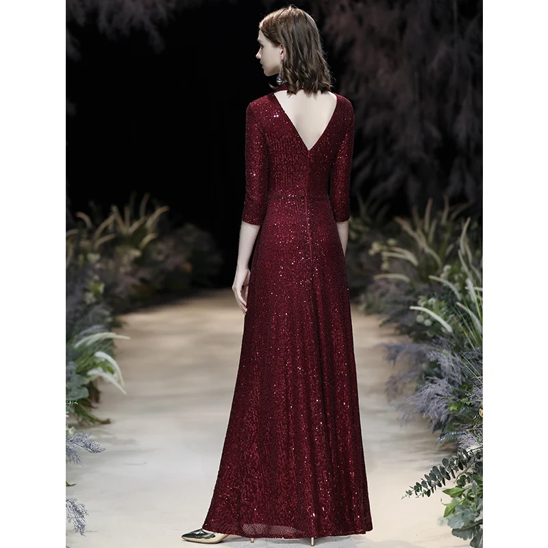 wei yin AE0362 2023 O Neck 3/4 Sleeves Sequin Mermaid Evening Dresses Long Formal Dress Wine Red Evening Party Dresses