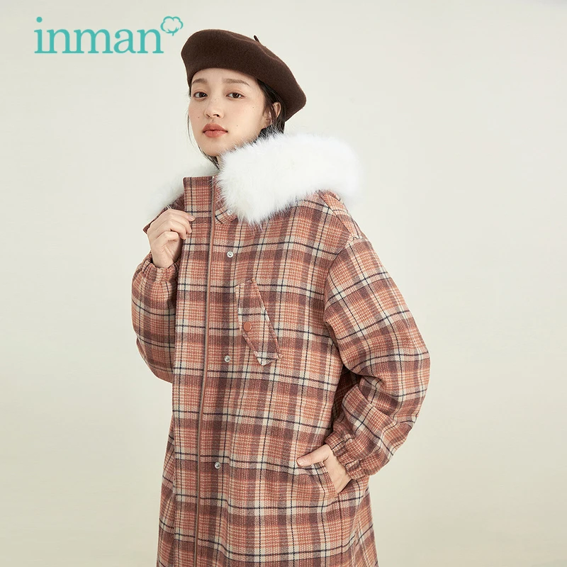 

INMAN Women's Woolen Coat Winter Casual Plaid Fur Collar Hooded Loose All-match Mid-length Thick Jacket