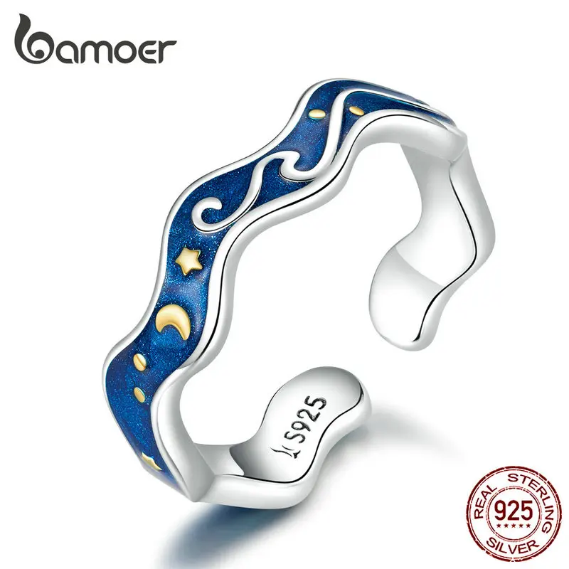 BAMOER Sterling Silver 925 Lover Rings for Couple Blue Starry Sky of Van Gogh Open Finger Ring Design Jewelry Accessories SCR608