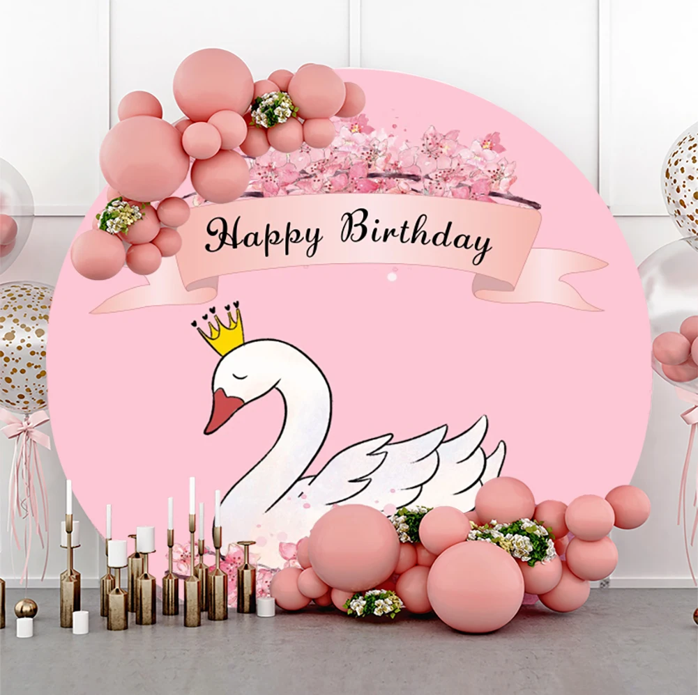 Laeacco Pink Round Background For Photography Swan Princess Happy Birthday Party Customized Circle Photo Backdrop Photo Studio