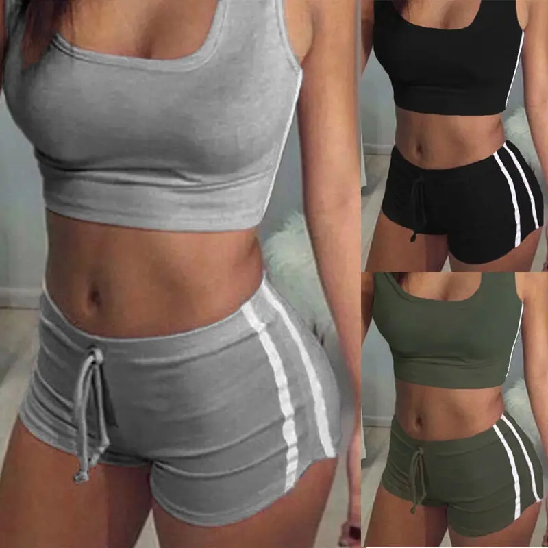 Women Sexy Yoga Sportwear Set Tracksuit Fitness Beach Suit Crop Top Running Sports Set Striped Vest Short Summer Cropped Outfits