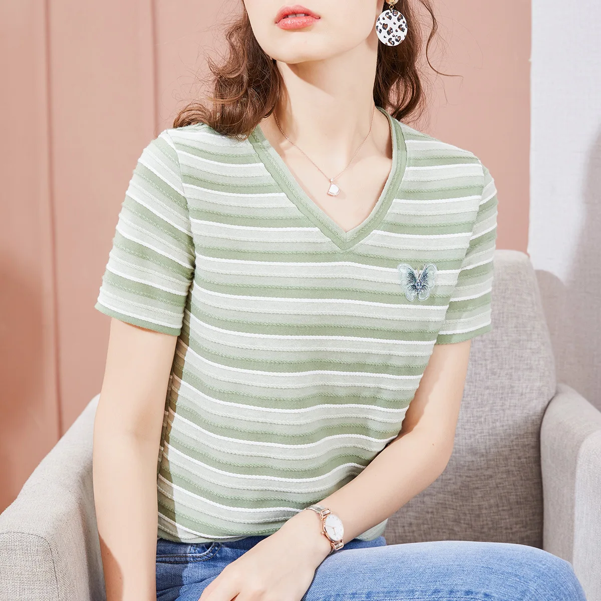 Bow Badge T Shirt Women Striped T-shirt Cotton Short Sleeve Woman Clothes Fashion 2021 Summer Tops Korean Style Tee Shirt Femme