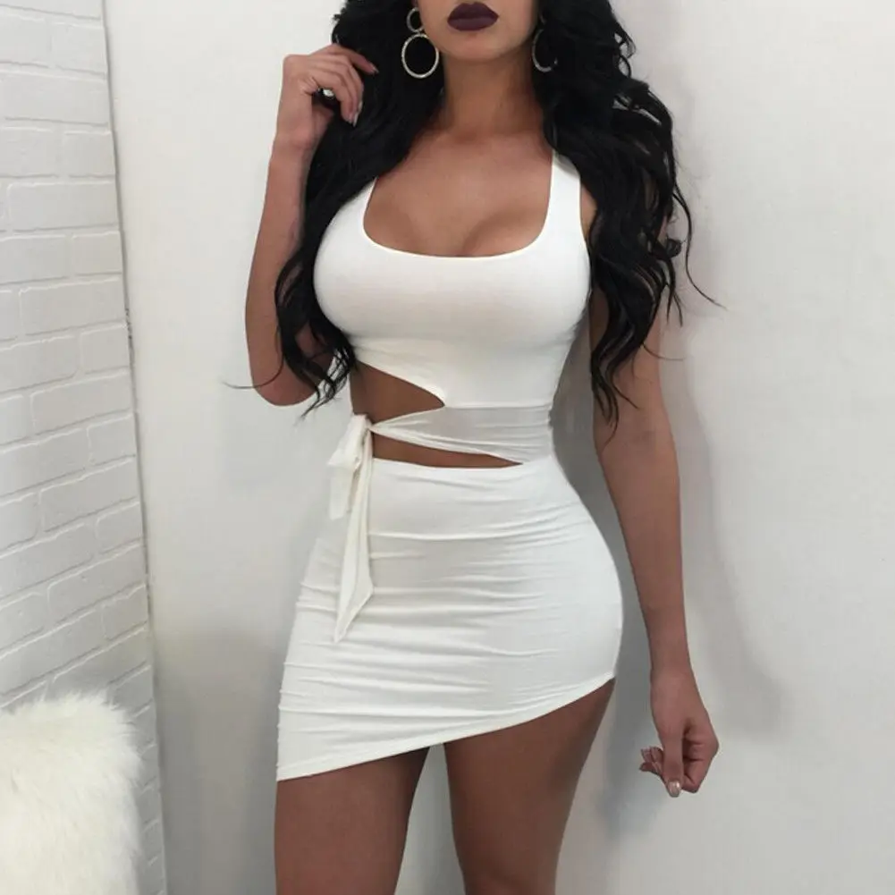 Fashion Party Dress Women Sexy Hypotenuse Hollow Out High Waist Sexy Package Hip Short Mini Dresses Evening Club Dress