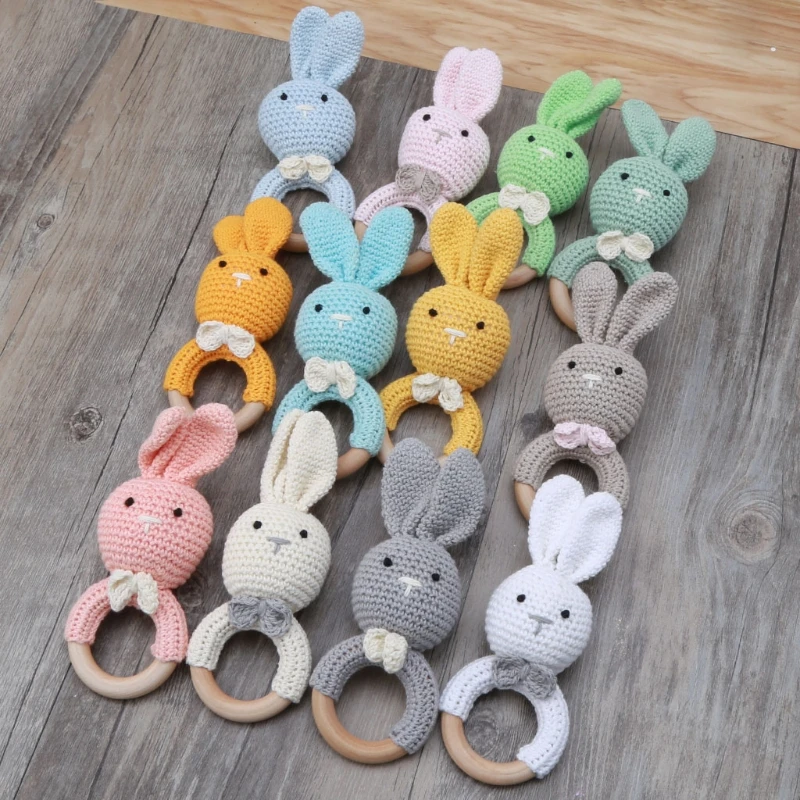 BPA Free Safe Crochet Baby Teether Cartoon Bunny Wooden  Rattle Toys DIY Infant Newborn Teething Ring Baby Stroller Cot Baby Toy