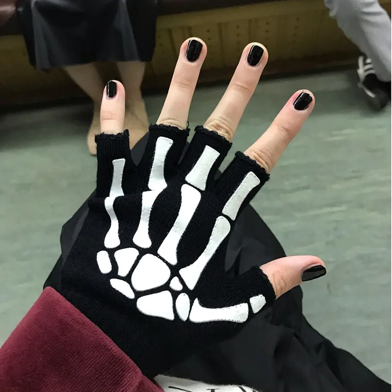 Black Goth Gloves Knitting for Adult Acrylic Half Finger Glove Human Skeleton Head Gripper Print Cycling Non-slip Wrist Gloves