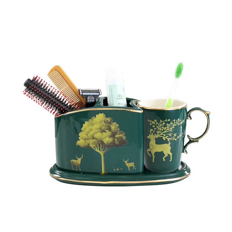 Bathroom Ceramic Wash Set Toothbrush Holder & Cup WIth Tray Green glaze Lavatory 3 Pieces Set Surface With Deer & Flower Finish