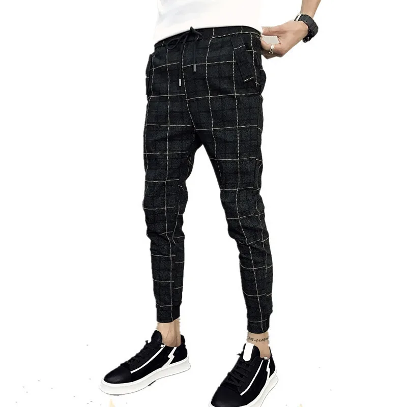 New style fashion Male  Elastic waistline leisure joggers sweatpants/Men High-grade pure cotton tight grid Pencil pants