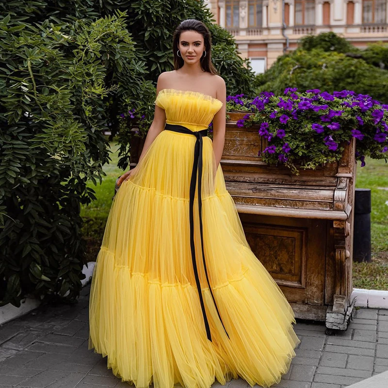 

Vintage Custom Color Prom Dresses Black Belt Tulle A Line Women Formal Evening Party Gowns Tassel Floor Length