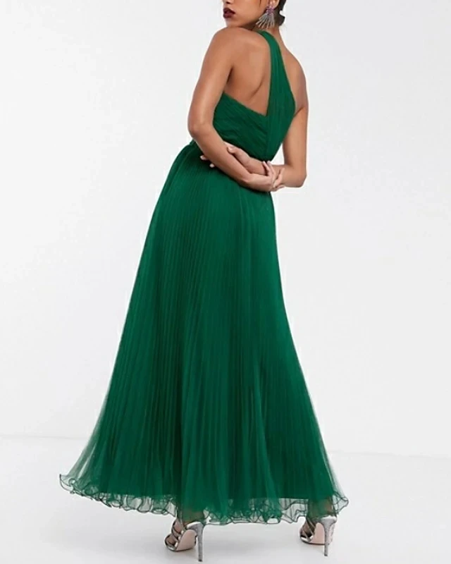 Moda verde um ombro tornozelo comprimento chiffon formal vestido de noite a linha plissados do baile de formatura vestidos de festa banquete