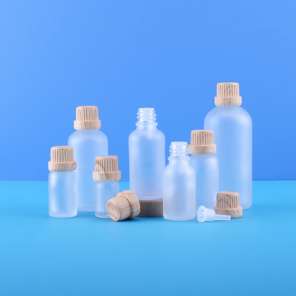 5ml 10ml 30ml 50ml 100ml Essential Oil Bottles & Transparent Frosted Glass Sample Vials with Plastic Wood grain cover