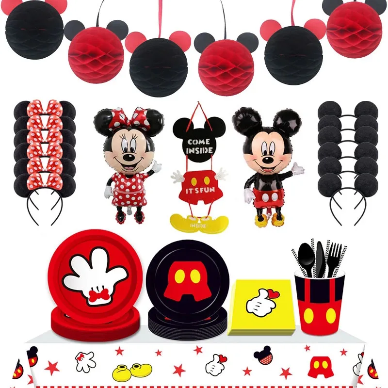 Bannière de fête à thème Mickey Mouse 8 personnes, assiette jetable, tasse de serviette, gâteau Toppers pour enfants, cadeaux de décoration de