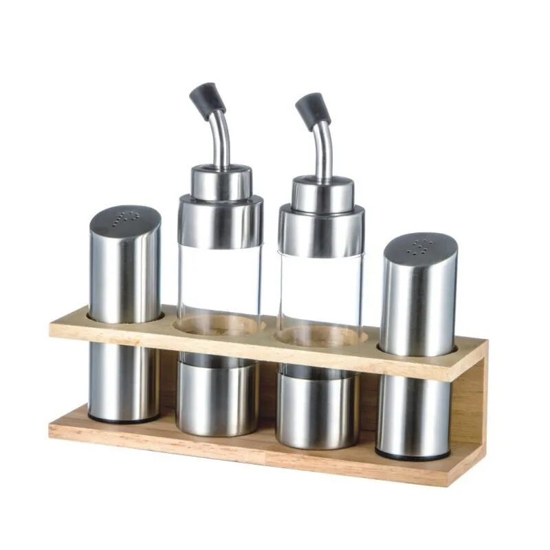 Stainless Steel Salt and Pepper Shaker Set, Spice Jar, Condiment Box, Cooking Seasoning Bottle, Wood Holder, 5 PCs per Set