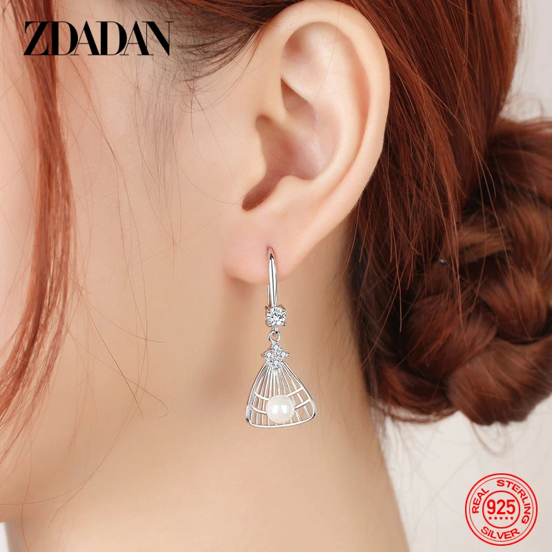 ZDADAN 925 Sterling Silver Fan Pearl Earrings For Women Fashion Jewelry Wedding Gift