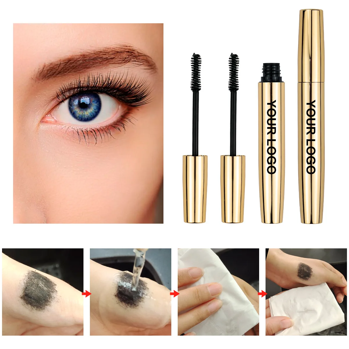 50pcs/lot Wholesale Mascara Private Label Gold Tube Thick Curling Slender Lengthening Waterproof Cosmetics Makeup Custom Logo