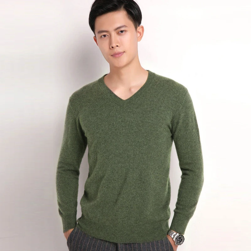 Nguyên Chất 100% Dê Cashmere Dệt Kim Dây Nhảy Hạng Người Áo Len Mùa Đông Ấm Vneck Dài Tay Áo Thun Nam Tiêu Chuẩn Quần Áo