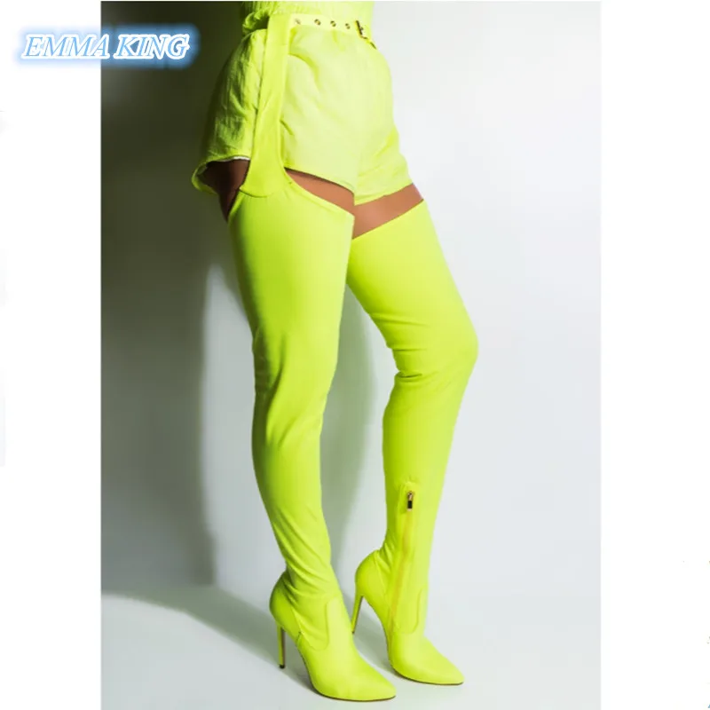 

Neon Green Waist Buckle Over Knee Boots Women Pointed Toe Stilettos Thigh High Boots Sexy Stretch Side Zipper High Heels Shoes