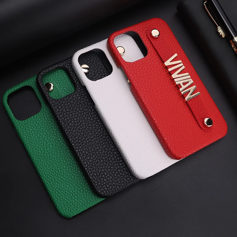 Luxury Pebble Leather Phone Case Personalized Name Cowhide Striped Metal Letter iPhone 15 14Pro Max 14Plus 13Pro 13Pro