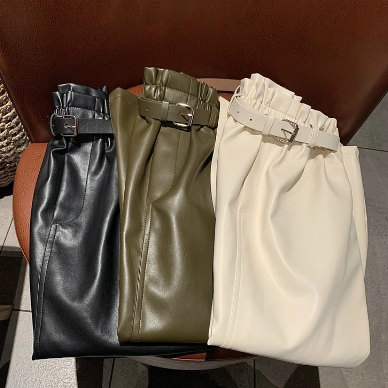 

2021 New Women Spring Elastic High Waist Long Leather Skirt Vintage Split Hem Slim Cut Midi Skirts with Waistbelt