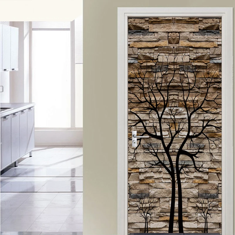 

3D Stone Brick Trees Branches Door Sticker Waterproof PVC Self-adhesive Photo Mural for Entrance Corridor Wall Decor DIY Poster