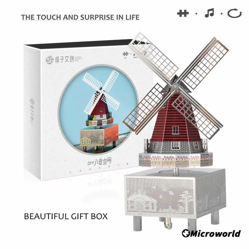 Microworld-Puzzle 3D en métal avec moulin à vent rotatif, jouet pour enfant, boîte à musique, modèle DIY, idée cadeau d'anniversaire ou de Noël