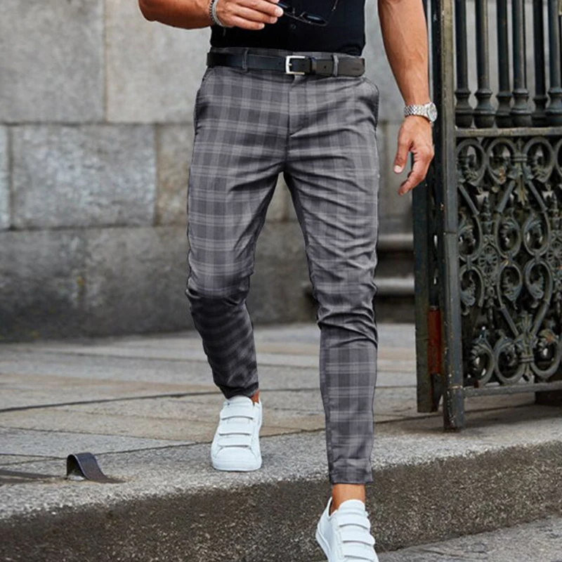 2021 Spring Fashion Plaid Printed Pencil Pants For Mens Vintage Mid Waist Button Trouser Male Summer Casual Long Pant Streetwear