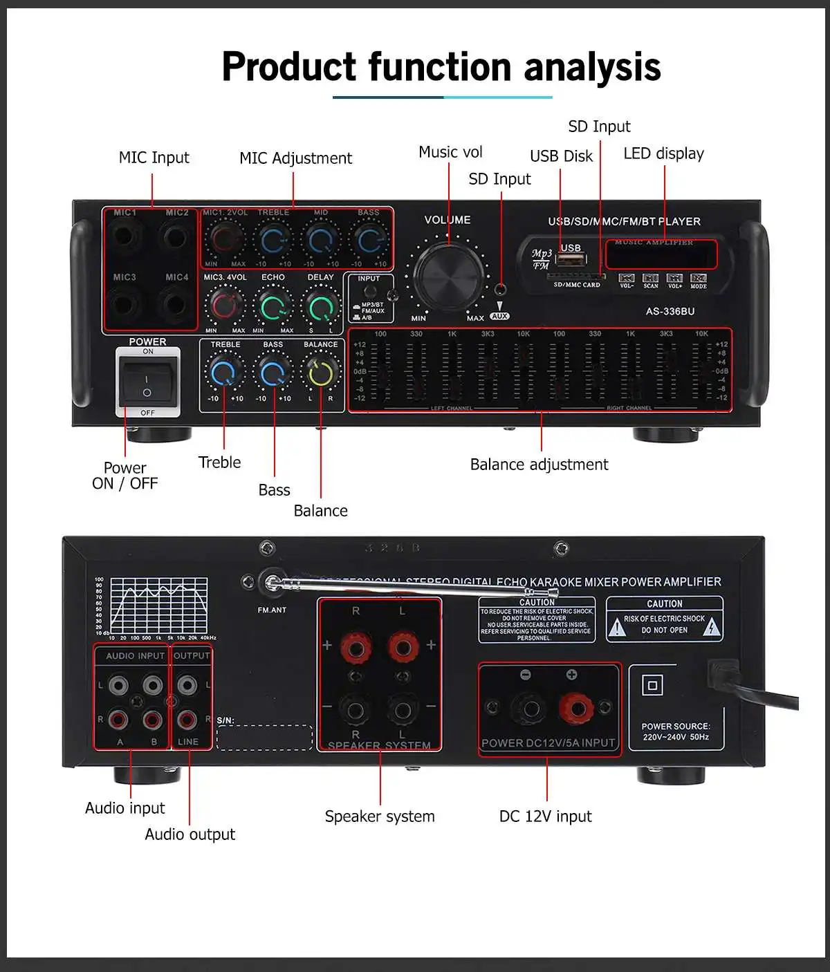 Novo 2000w bluetooth estéreo amplificador surround som usb sd amp fm dvd aux display lcd de cinema em casa karaoke controle remoto 336bu