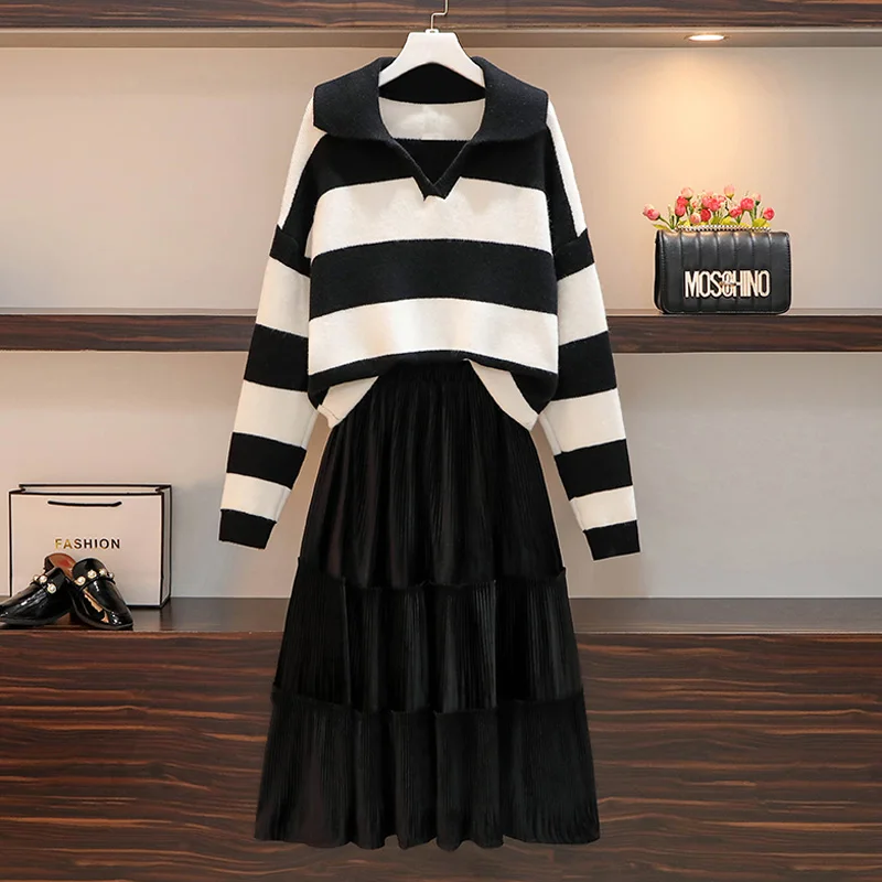 

Winter Women Warm Suit Stripe Knit Sweater Tops And Pleated Velvet Skirt Match Set Outfit Plus Size Two Piece Set Female Clothe