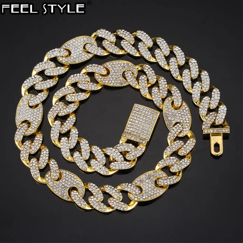 Hip Hop 15MM Iced Out Bling Cuban Link Chain Coffee Bean Rapper Necklaces Bracelets For Men Women Jewelry Choker