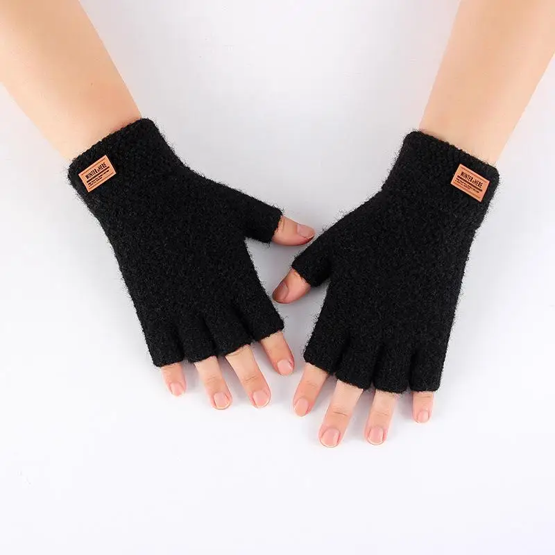 New Men's Winter Half-Finger Fingerless Clamshell Knitted Alpaca Warmth and Thick Fluffy Outdoor Riding Sports Driving Gloves