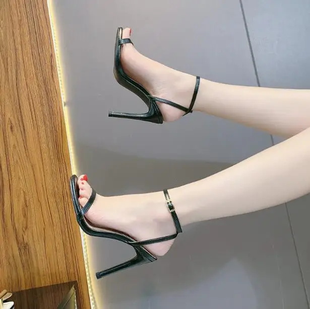 Summer New Woman Black Yellow Nude One Line Party Sandals 8 cm 10 cm Stiletto Heels Buckle Strap Sexy High Heel Sandals Shoes