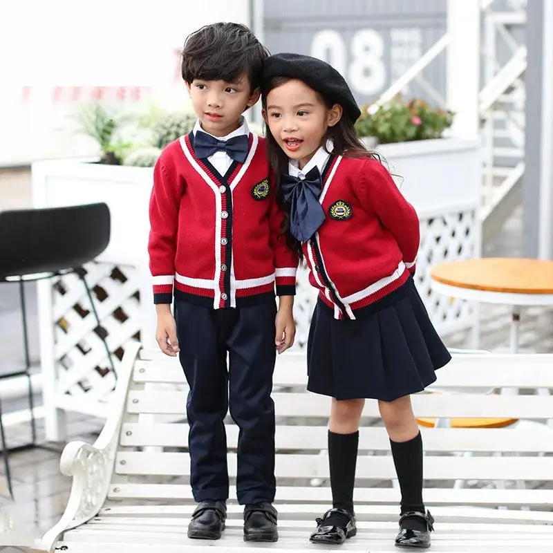 Children Korean Japanese School Uniform Girls Boys Red Sweater Top Skirt Pants Knitted Suit Students Clothes Chorus Costumes