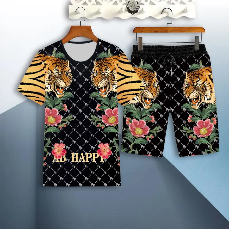 2020 men\'s clothing casual wear suit summer 3D dragon print men\'s shorts + T-shirt men\'s suit 2-piece large size 4XL