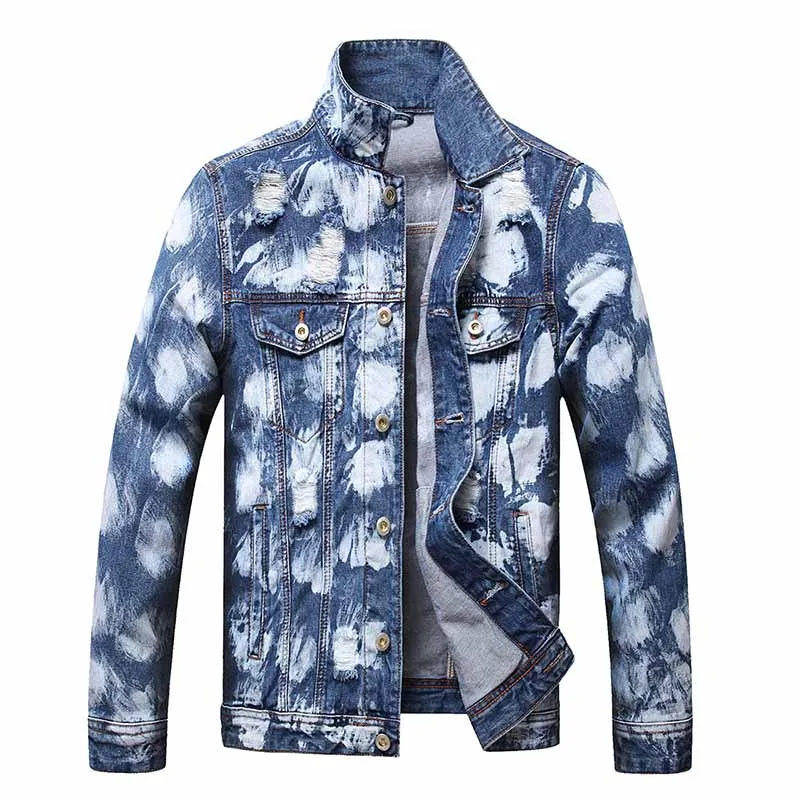 

Mcikkny Men Fashion Ripped Holes Denim Jackets Printed Streetwear Washed Outwear Tops For Male Hip Hop