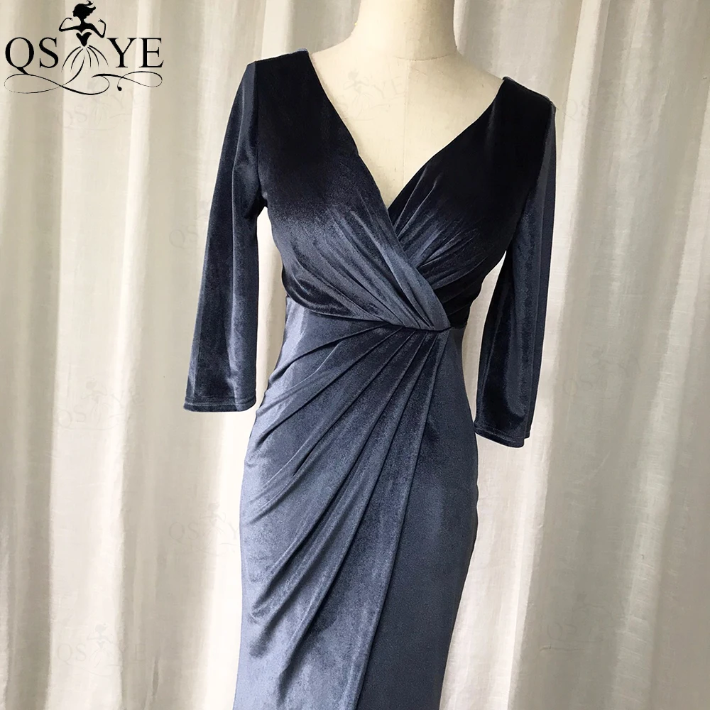 Qsyye Grey Avondjurk Lange Mouwen Velvet Mermaid Avondjurken Sexy V-hals Party Dress Ruches Taille Staart Formele Jurken