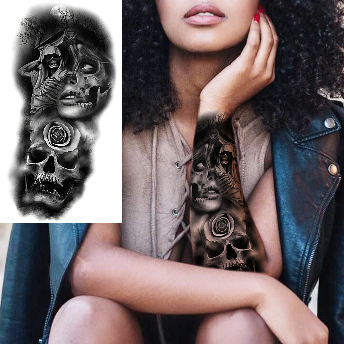 Black Skull Scary Halloween Temporary Tattoos For Women Adult Men Vampire Skull Snake Fake Tattoos Body Art Skeleton Tatoo