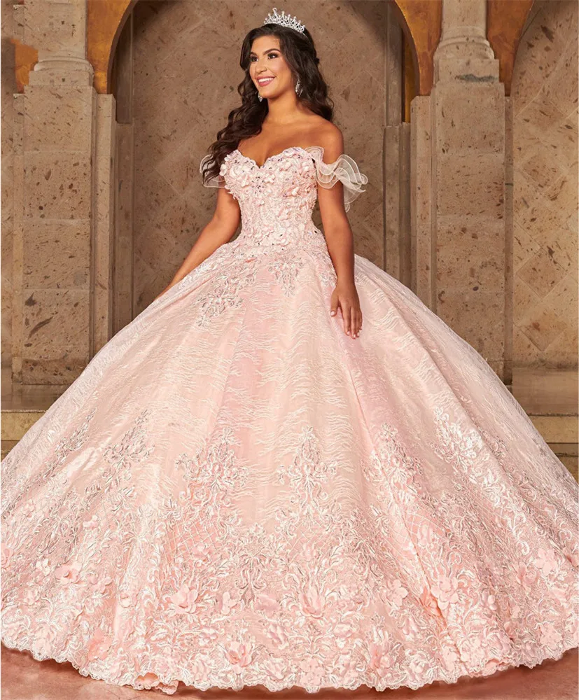 Lavanda-vestidos de quinceañera con hombros descubiertos, apliques de encaje, flor dulce, 16 vestidos de desfile, 15 años, 2021